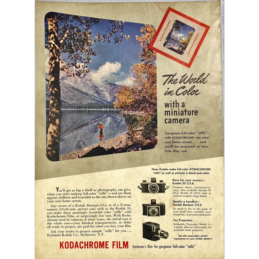 Eastman Kodak Kodachrome Film "Mountain Lake Fishing" Vintage Print Ad 1941